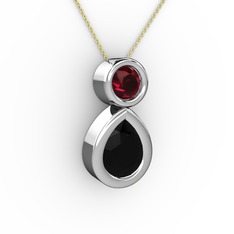 İkili Damla Kolye - Siyah zirkon ve rodolit garnet 14 ayar beyaz altın kolye (40 cm altın rolo zincir) #n7bcii