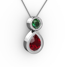 İkili Damla Kolye - Garnet ve yeşil kuvars 8 ayar beyaz altın kolye (40 cm gümüş rolo zincir) #neypc7