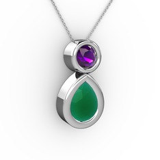 İkili Damla Kolye - Kök zümrüt ve ametist 18 ayar beyaz altın kolye (40 cm beyaz altın rolo zincir) #ngot4c