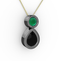 İkili Damla Kolye - Siyah zirkon ve kök zümrüt 925 ayar siyah rodyum kaplama gümüş kolye (40 cm altın rolo zincir) #nqkhu6