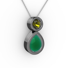İkili Damla Kolye - Kök zümrüt ve peridot 925 ayar siyah rodyum kaplama gümüş kolye (40 cm beyaz altın rolo zincir) #nsgv9z