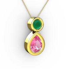 İkili Damla Kolye - Pembe kuvars ve kök zümrüt 14 ayar altın kolye (40 cm gümüş rolo zincir) #nvw965