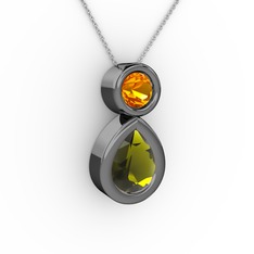 İkili Damla Kolye - Peridot ve sitrin 925 ayar siyah rodyum kaplama gümüş kolye (40 cm beyaz altın rolo zincir) #o5qcn6