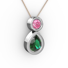 Yeşil kuvars ve pembe kuvars 8 ayar beyaz altın kolye (40 cm rose altın rolo zincir)