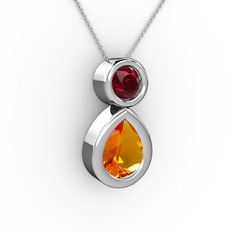 Sitrin ve garnet 18 ayar beyaz altın kolye (40 cm beyaz altın rolo zincir)