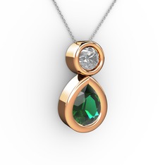 İkili Damla Kolye - Yeşil kuvars ve pırlanta 8 ayar rose altın kolye (0.5 karat, 40 cm beyaz altın rolo zincir) #oypubi