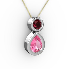 İkili Damla Kolye - Pembe kuvars ve rodolit garnet 18 ayar beyaz altın kolye (40 cm altın rolo zincir) #p15oai