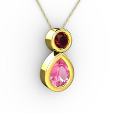 İkili Damla Kolye - Pembe kuvars ve rodolit garnet 8 ayar altın kolye (40 cm altın rolo zincir) #pdj2kl