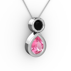 İkili Damla Kolye - Pembe kuvars ve siyah zirkon 8 ayar beyaz altın kolye (40 cm beyaz altın rolo zincir) #pf54de