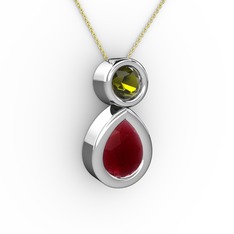 İkili Damla Kolye - Kök yakut ve peridot 14 ayar beyaz altın kolye (40 cm altın rolo zincir) #q3ft2z