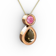 İkili Damla Kolye - Dumanlı kuvars ve pembe kuvars 8 ayar rose altın kolye (40 cm altın rolo zincir) #qdzp74