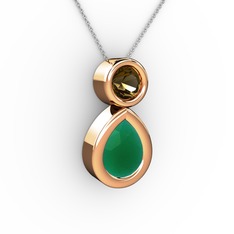 İkili Damla Kolye - Kök zümrüt ve dumanlı kuvars 14 ayar rose altın kolye (40 cm beyaz altın rolo zincir) #ql47yk