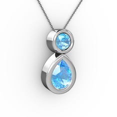 İkili Damla Kolye - Akuamarin 8 ayar beyaz altın kolye (40 cm gümüş rolo zincir) #qlgu62