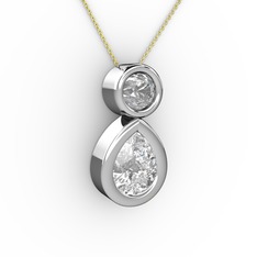 İkili Damla Kolye - Beyaz zirkon ve pırlanta 8 ayar beyaz altın kolye (0.5 karat, 40 cm altın rolo zincir) #r82xae