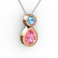 Pembe kuvars ve akuamarin 8 ayar rose altın kolye (40 cm beyaz altın rolo zincir)