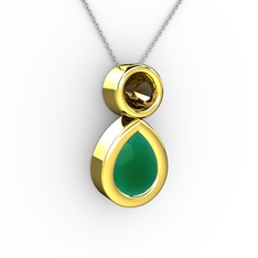 İkili Damla Kolye - Kök zümrüt ve dumanlı kuvars 8 ayar altın kolye (40 cm gümüş rolo zincir) #s63ydj