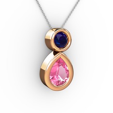 Pembe kuvars ve lab safir 8 ayar rose altın kolye (40 cm beyaz altın rolo zincir)