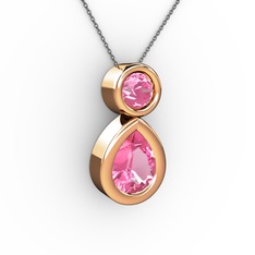 İkili Damla Kolye - Pembe kuvars 8 ayar rose altın kolye (40 cm gümüş rolo zincir) #szn17o