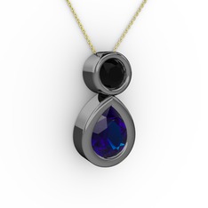 İkili Damla Kolye - Lab safir ve siyah zirkon 925 ayar siyah rodyum kaplama gümüş kolye (40 cm gümüş rolo zincir) #t07lrz