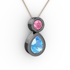 İkili Damla Kolye - Akuamarin ve pembe kuvars 925 ayar siyah rodyum kaplama gümüş kolye (40 cm rose altın rolo zincir) #t476yf
