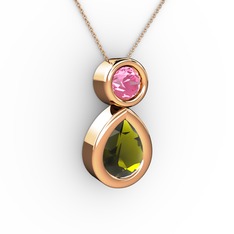 İkili Damla Kolye - Peridot ve pembe kuvars 18 ayar rose altın kolye (40 cm rose altın rolo zincir) #t5u90h