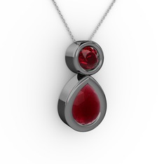 İkili Damla Kolye - Kök yakut ve garnet 925 ayar siyah rodyum kaplama gümüş kolye (40 cm beyaz altın rolo zincir) #u8v1ld