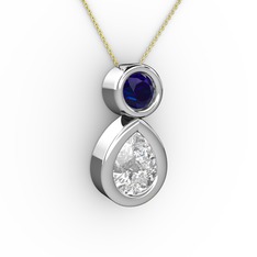 İkili Damla Kolye - Swarovski ve lab safir 18 ayar beyaz altın kolye (40 cm altın rolo zincir) #ub2gjc
