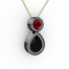 Siyah zirkon ve kök yakut 925 ayar siyah rodyum kaplama gümüş kolye (40 cm altın rolo zincir)