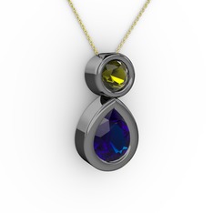 İkili Damla Kolye - Lab safir ve peridot 925 ayar siyah rodyum kaplama gümüş kolye (40 cm gümüş rolo zincir) #v05ftt