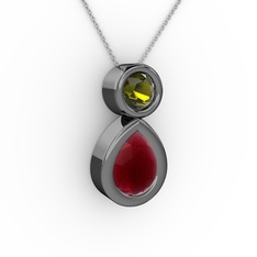 İkili Damla Kolye - Kök yakut ve peridot 925 ayar siyah rodyum kaplama gümüş kolye (40 cm gümüş rolo zincir) #v2k64m