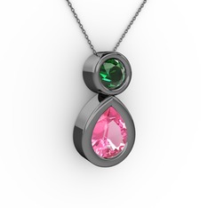 İkili Damla Kolye - Pembe kuvars ve yeşil kuvars 925 ayar siyah rodyum kaplama gümüş kolye (40 cm gümüş rolo zincir) #v9e042