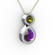 Ametist ve peridot 18 ayar beyaz altın kolye (40 cm altın rolo zincir)
