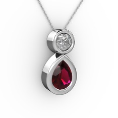 İkili Damla Kolye - Rodolit garnet ve pırlanta 14 ayar beyaz altın kolye (0.5 karat, 40 cm beyaz altın rolo zincir) #vpxj73