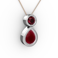 İkili Damla Kolye - Kök yakut ve rodolit garnet 18 ayar beyaz altın kolye (40 cm gümüş rolo zincir) #vqf3ab