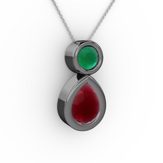 İkili Damla Kolye - Kök yakut ve kök zümrüt 925 ayar siyah rodyum kaplama gümüş kolye (40 cm beyaz altın rolo zincir) #vqopig