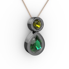 İkili Damla Kolye - Yeşil kuvars ve peridot 925 ayar siyah rodyum kaplama gümüş kolye (40 cm rose altın rolo zincir) #w2mftd