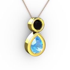 İkili Damla Kolye - Akuamarin ve siyah zirkon 8 ayar altın kolye (40 cm gümüş rolo zincir) #wb7c59