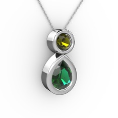 İkili Damla Kolye - Yeşil kuvars ve peridot 18 ayar beyaz altın kolye (40 cm beyaz altın rolo zincir) #wisk7r