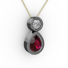 İkili Damla Kolye - Rodolit garnet ve pırlanta 925 ayar siyah rodyum kaplama gümüş kolye (0.5 karat, 40 cm altın rolo zincir) #wmqaty