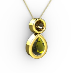 İkili Damla Kolye - Peridot ve dumanlı kuvars 8 ayar altın kolye (40 cm altın rolo zincir) #wmsll7