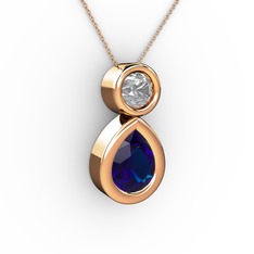 Lab safir ve beyaz zirkon 925 ayar rose altın kaplama gümüş kolye (40 cm rose altın rolo zincir)