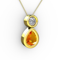 İkili Damla Kolye - Sitrin ve pırlanta 18 ayar altın kolye (0.5 karat, 40 cm altın rolo zincir) #xovlgu