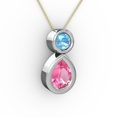 İkili Damla Kolye - Pembe kuvars ve akuamarin 925 ayar gümüş kolye (40 cm altın rolo zincir) #xtmold