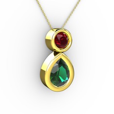 İkili Damla Kolye - Yeşil kuvars ve garnet 14 ayar altın kolye (40 cm altın rolo zincir) #y796xn