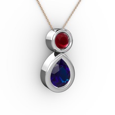 İkili Damla Kolye - Lab safir ve kök yakut 18 ayar beyaz altın kolye (40 cm rose altın rolo zincir) #y7x3mt
