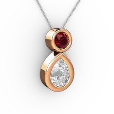 İkili Damla Kolye - Beyaz zirkon ve garnet 8 ayar rose altın kolye (40 cm gümüş rolo zincir) #ysqj5a