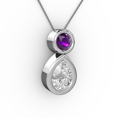 İkili Damla Kolye - Swarovski ve ametist 8 ayar beyaz altın kolye (40 cm gümüş rolo zincir) #ytzqby