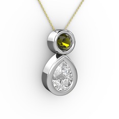 İkili Damla Kolye - Beyaz zirkon ve peridot 8 ayar beyaz altın kolye (40 cm altın rolo zincir) #z1baf5