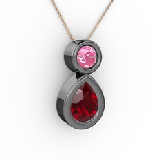 İkili Damla Kolye - Garnet ve pembe kuvars 925 ayar siyah rodyum kaplama gümüş kolye (40 cm rose altın rolo zincir) #z1zlak