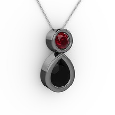 İkili Damla Kolye - Siyah zirkon ve garnet 925 ayar siyah rodyum kaplama gümüş kolye (40 cm beyaz altın rolo zincir) #z70ors